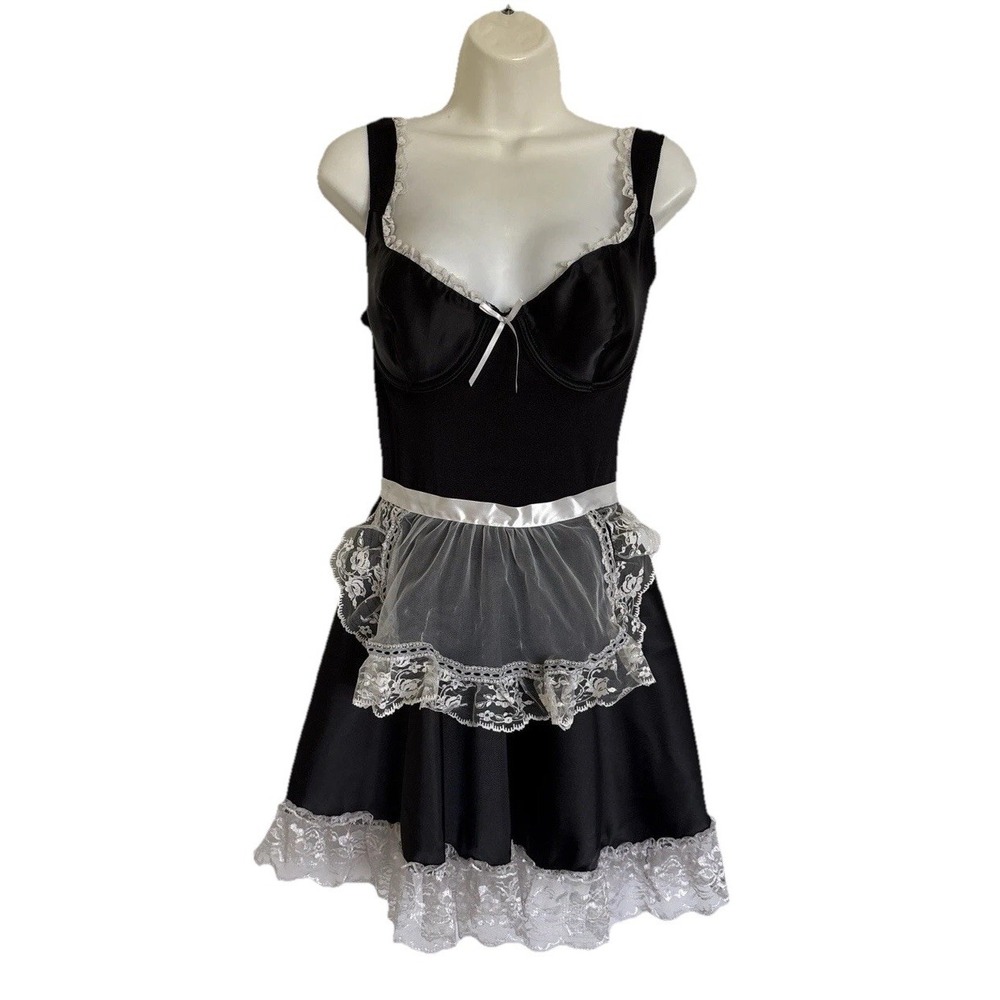 Frederick's of Hollywood French Maid Pinup Costume Outfit Slip Dress Black L